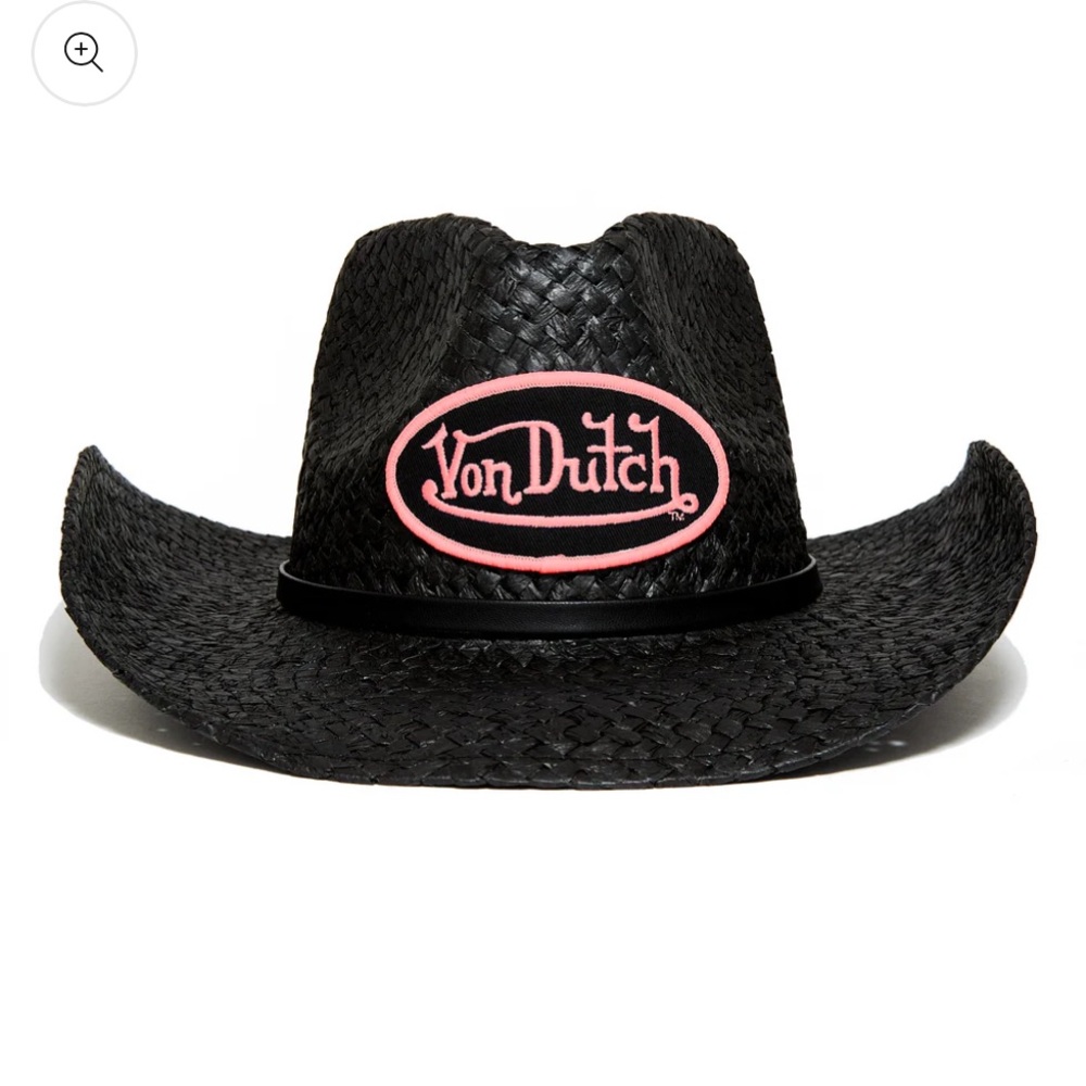 Von Dutch Black Straw Cowboy Hat with Pink Logo Patch